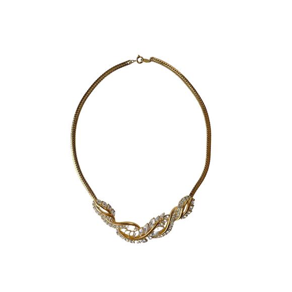 1990s Trifari TM Gold Plate Clear Rhinestone Studded Chevron Choker Necklace - Picture 5 of 5